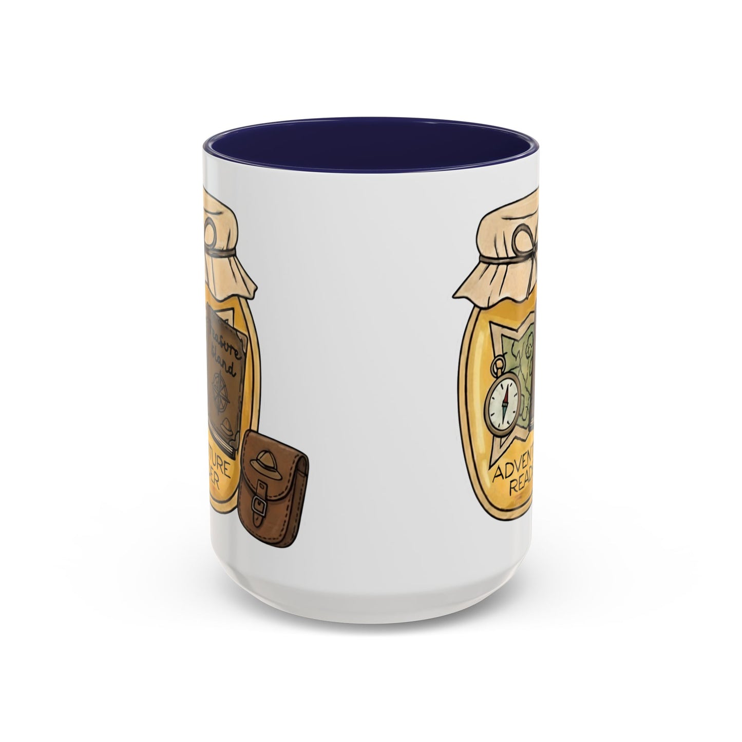 "Adventure Reader" Accent Coffee Mug — Bookish Travel Compass & Treasure Jam Jar Design
