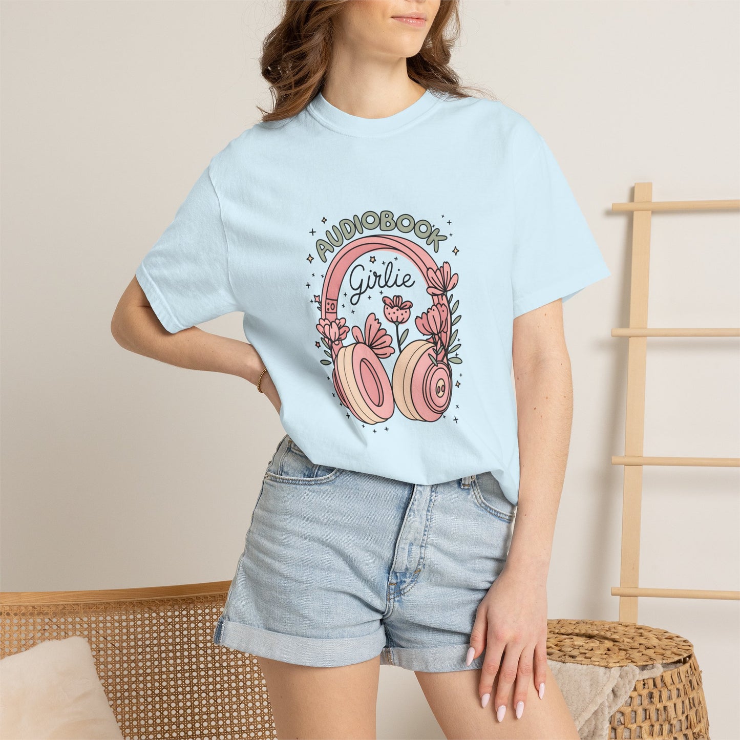 "Audiobook Girlie" T-Shirt — Floral Headphones Graphic Tee