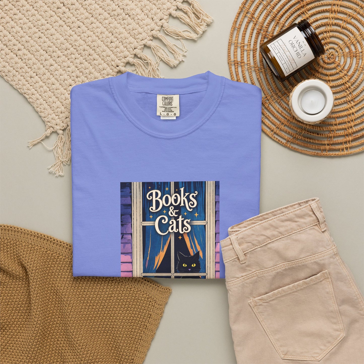 "Books & Cats" T-Shirt — Cozy Bookshop Window Graphic Tee