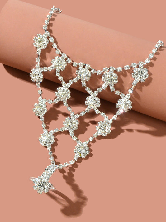 Beach Rhinestone Flower Anklet Barefoot Sandals Silver Foot Chain with Toe Ring