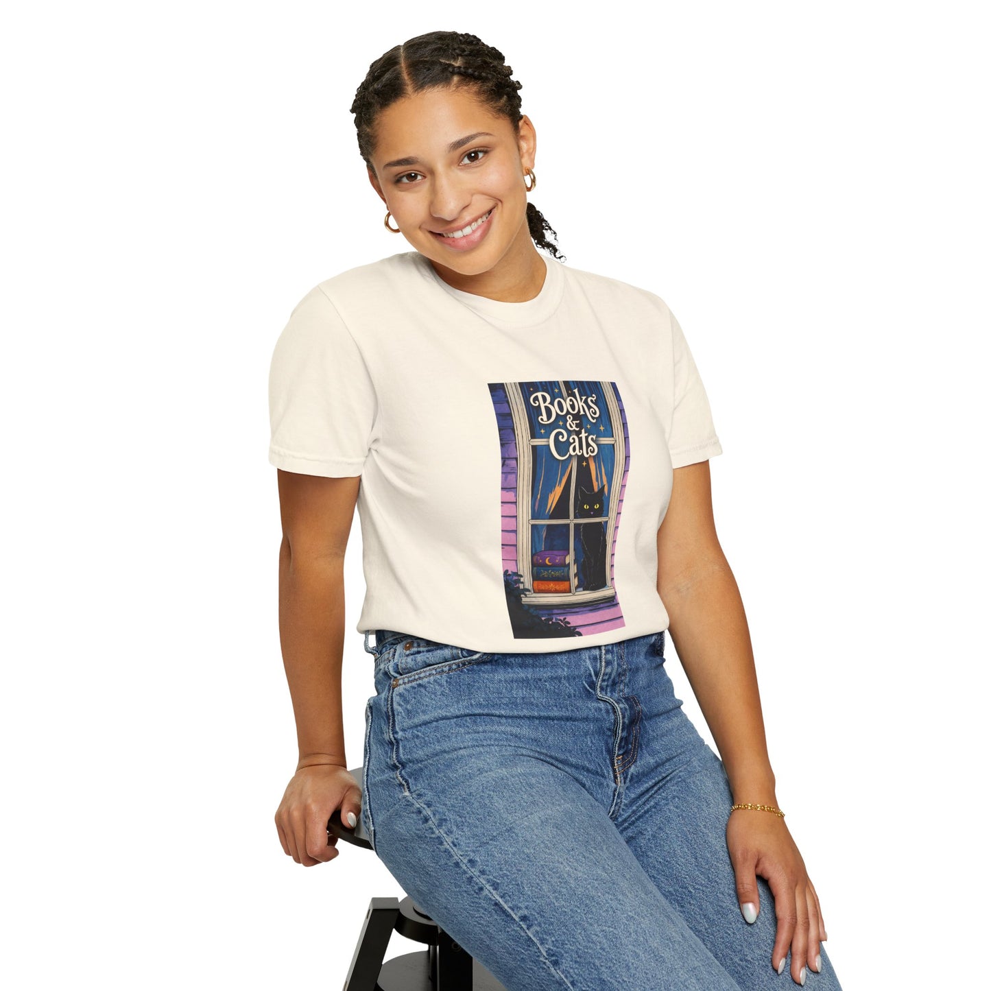 "Books & Cats" T-Shirt — Cozy Bookshop Window Graphic Tee