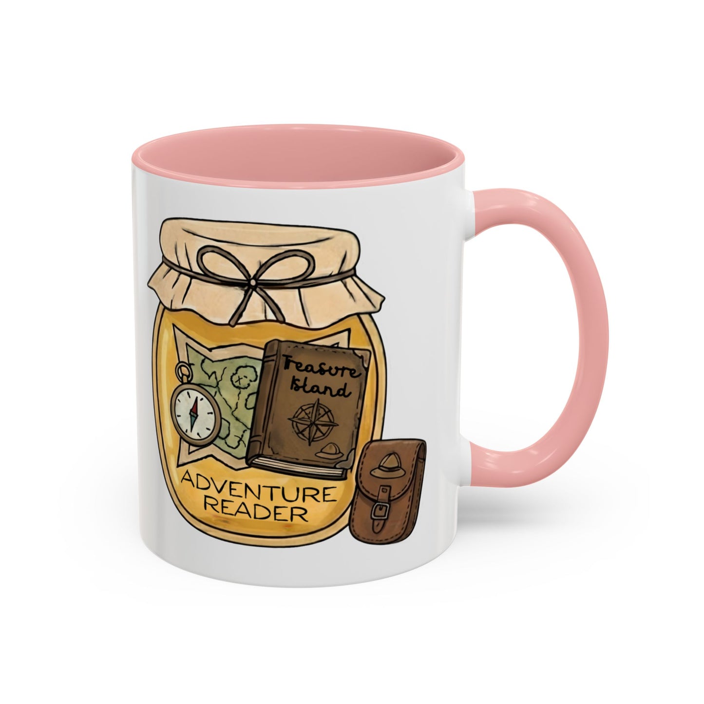 "Adventure Reader" Accent Coffee Mug — Bookish Travel Compass & Treasure Jam Jar Design