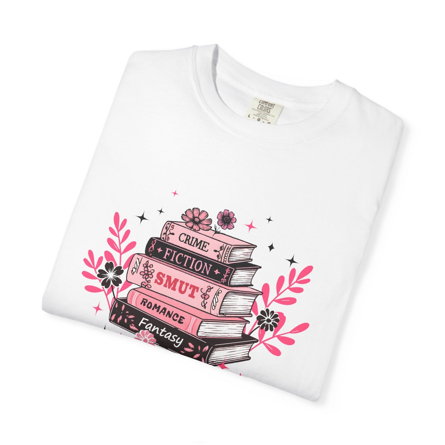 Book Stack Graphic T-Shirt — Cute Floral Reading Shirt (Crime, Fiction, Smut, Romance)