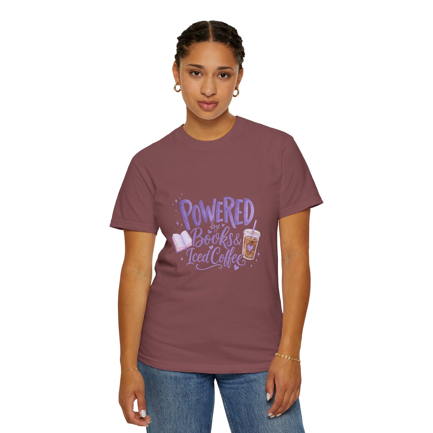 Book Lover T‑Shirt — "Powered by Books & Iced Coffee" Graphic Tee