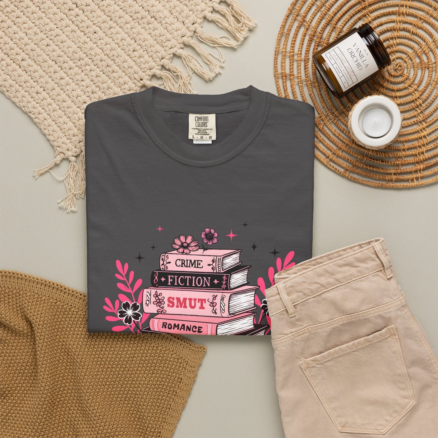 Book Stack Graphic T-Shirt — Cute Floral Reading Shirt (Crime, Fiction, Smut, Romance)