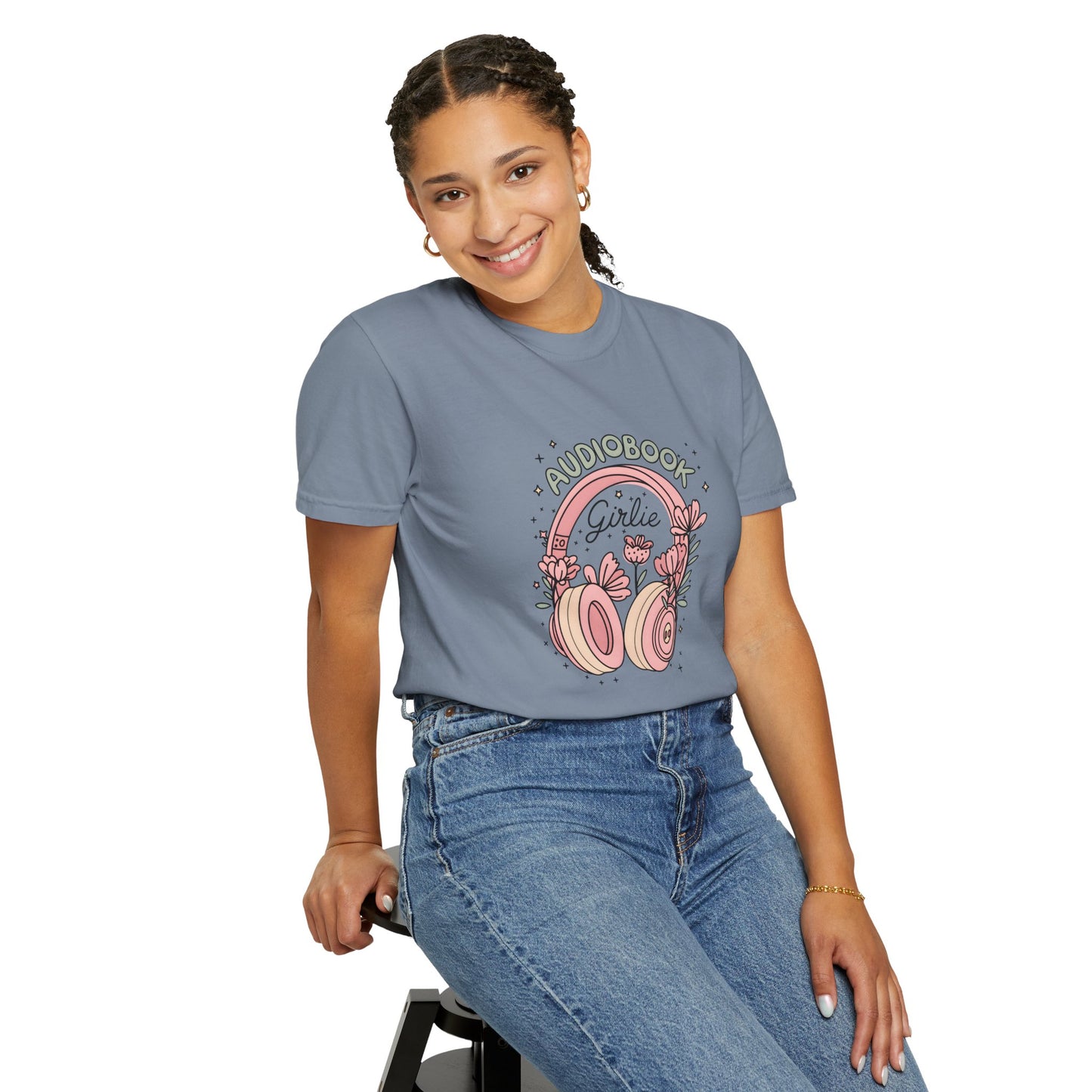 "Audiobook Girlie" T-Shirt — Floral Headphones Graphic Tee