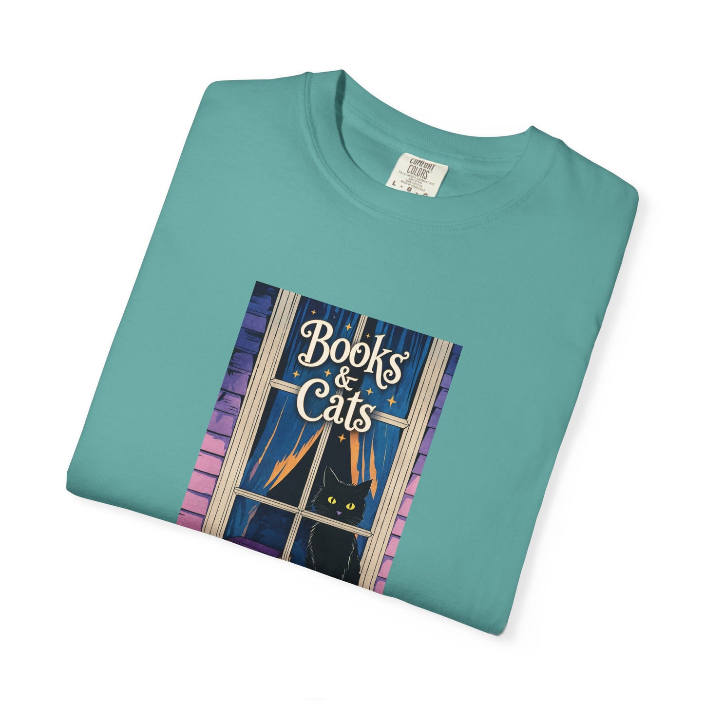 "Books & Cats" T-Shirt — Cozy Bookshop Window Graphic Tee