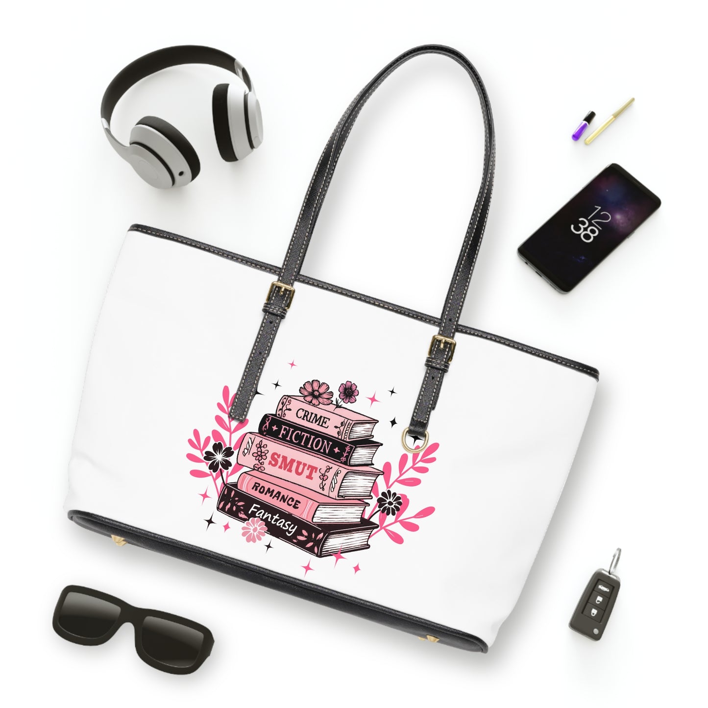 Book Stack PU Leather Shoulder Bag — Feminine Floral Library Tote