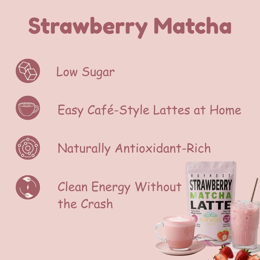Poudre de Latté Matcha Fraise Premium Faible en Sucre - Lots de 1 et 2 par Roynest