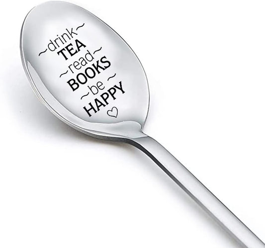 Tea Book Lovers Gifts Spoon for Women Men Drink Tea Read Books Be Happy Spoons for Tea Lover Book Reader Friendship Gifts for Girls Boys Graduation Birthday Gifts for Family Student Friend Teaspoon