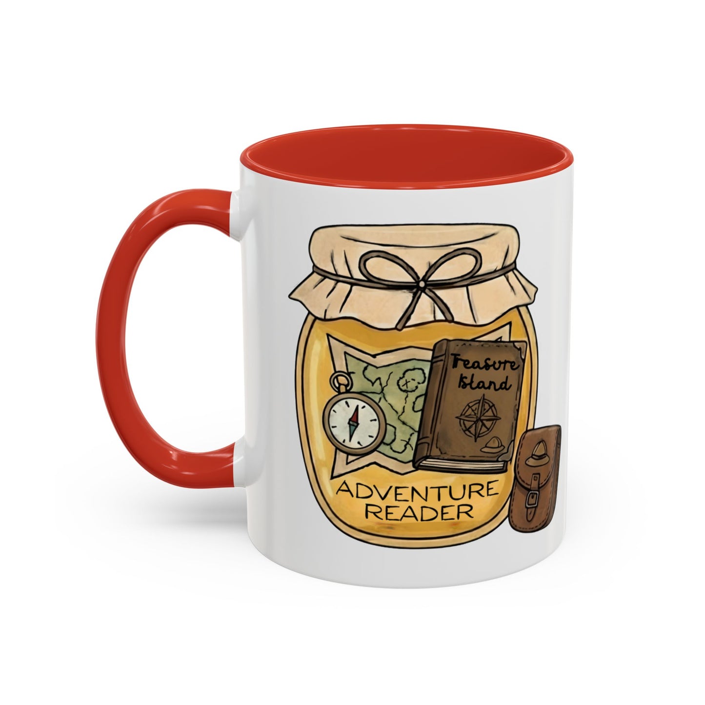 "Adventure Reader" Accent Coffee Mug — Bookish Travel Compass & Treasure Jam Jar Design