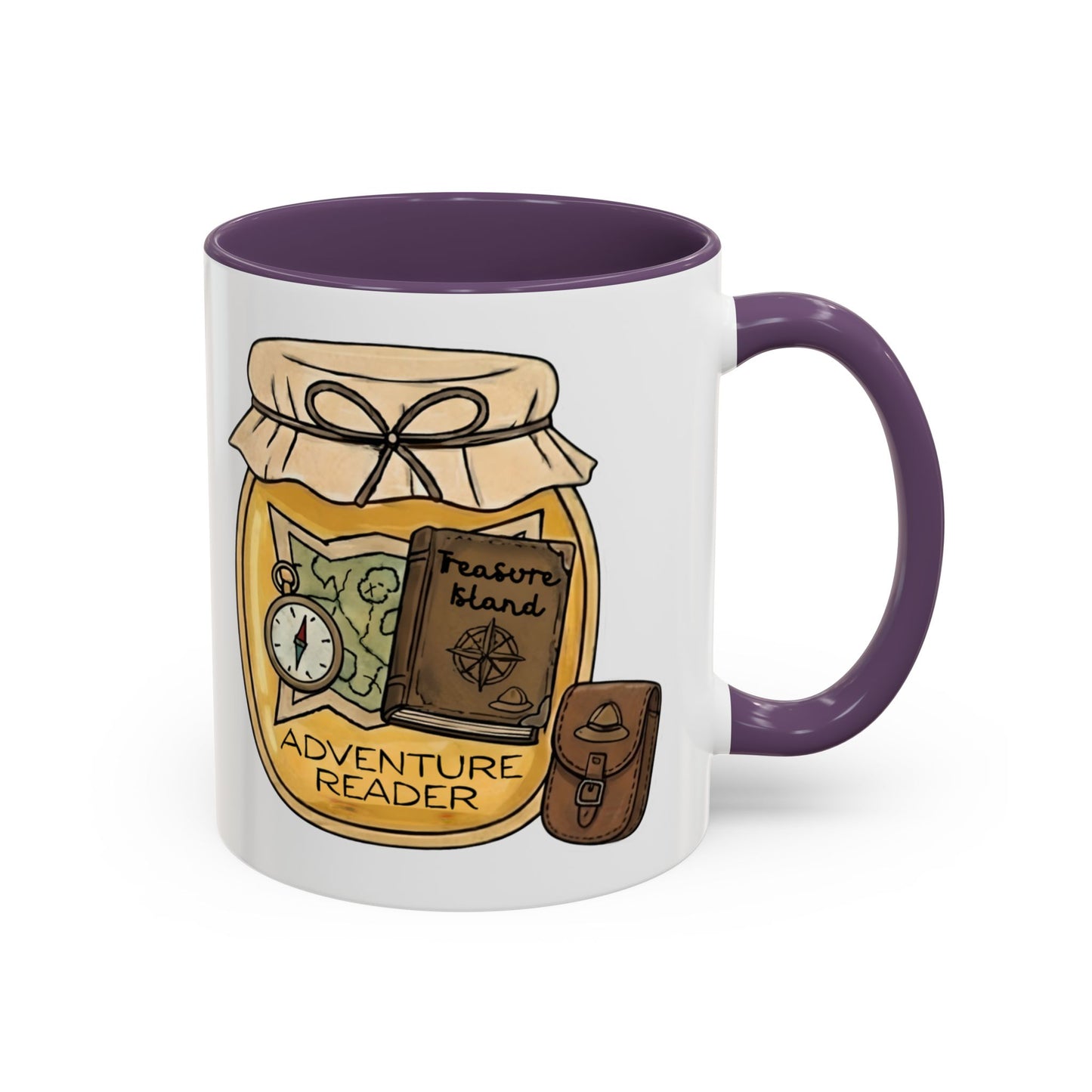 "Adventure Reader" Accent Coffee Mug — Bookish Travel Compass & Treasure Jam Jar Design
