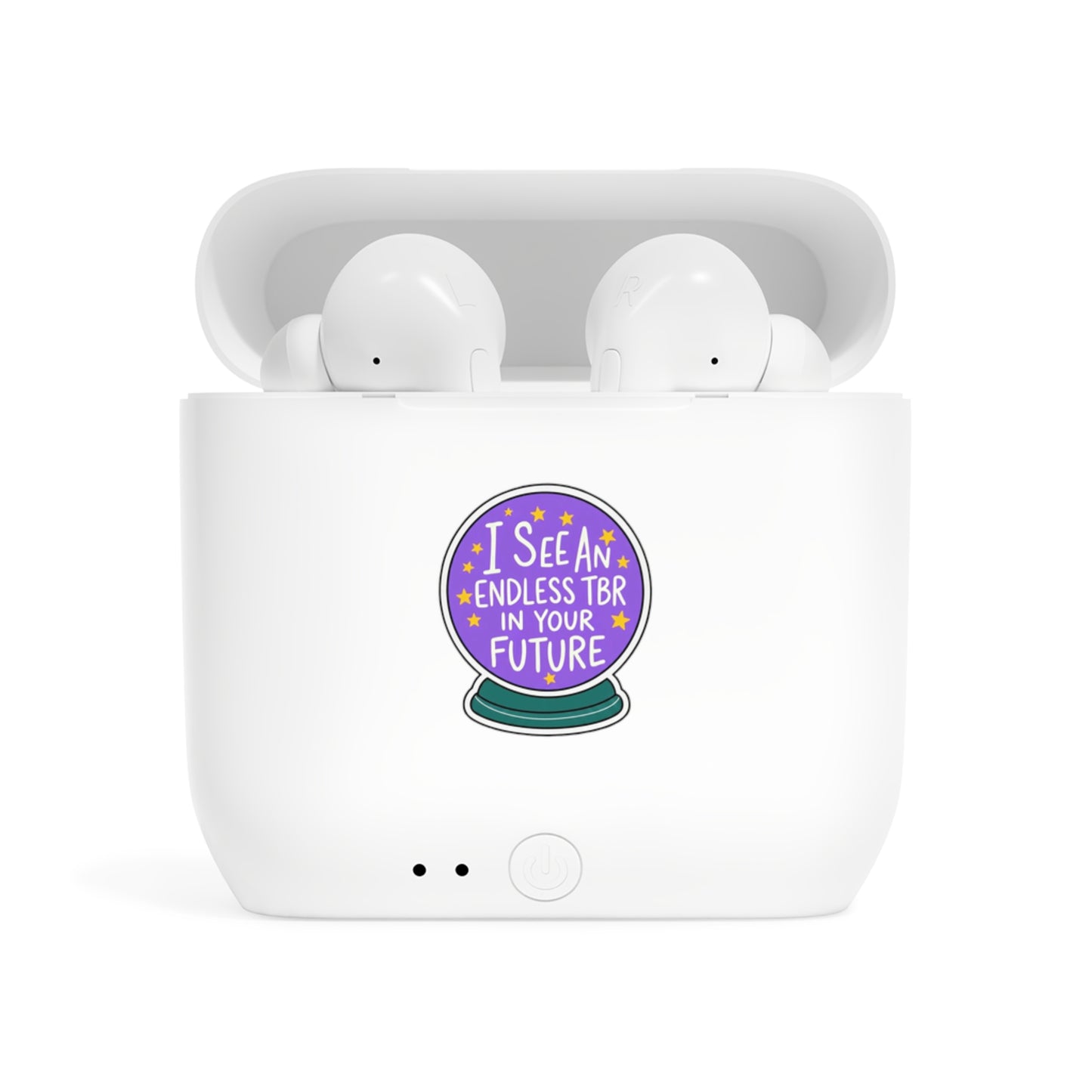 Wireless Earbuds Case Sticker — “I See an Endless TBR in Your Future” Crystal Ball Design