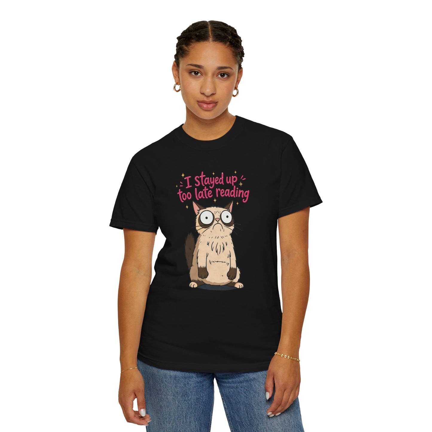 "I Stayed Up Too Late Reading" Cat T-Shirt — Cute Book Lover Graphic Tee
