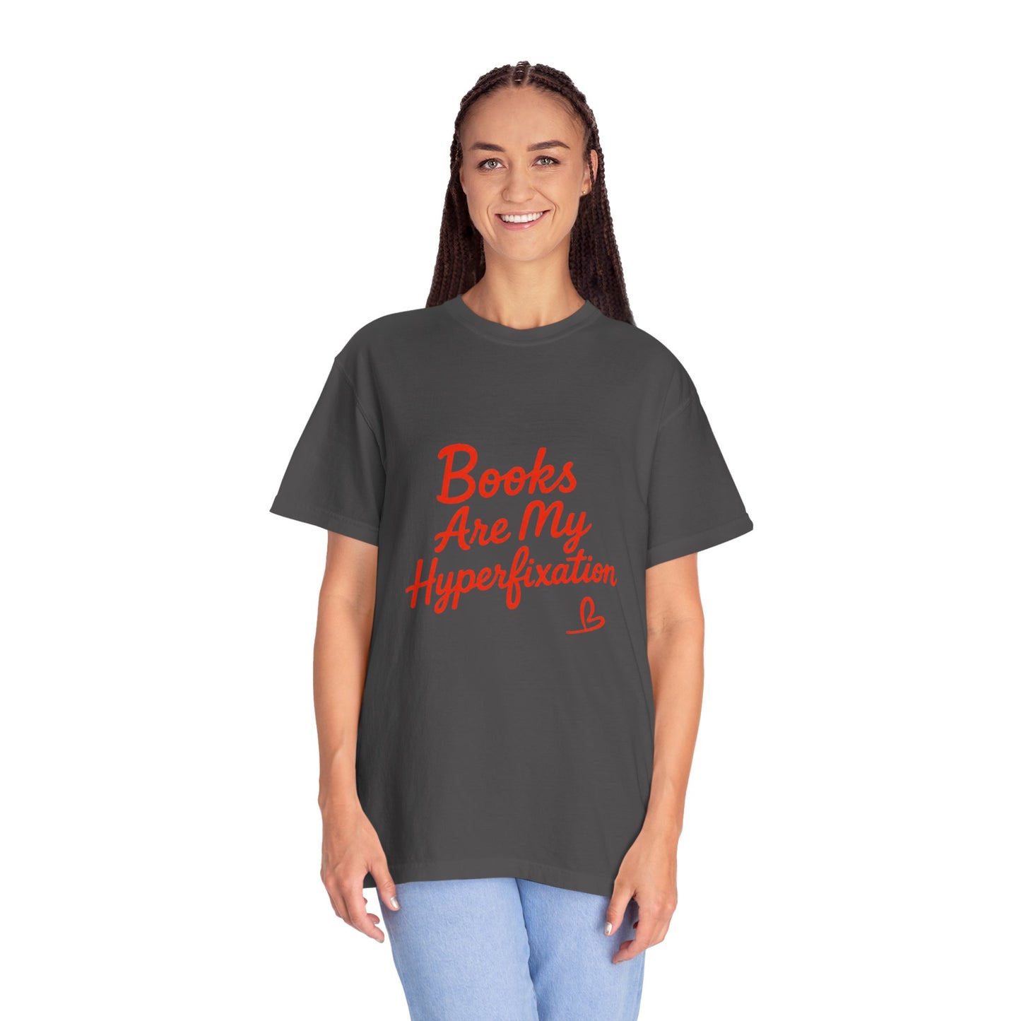 Books Are My Hyperfixation T-Shirt — Cute Red Script Reading Tee for Book Lovers