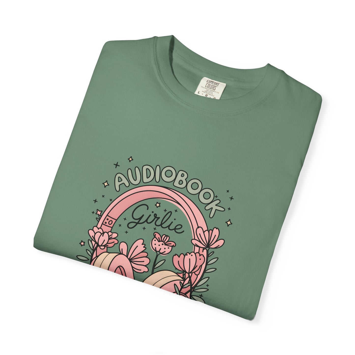 "Audiobook Girlie" T-Shirt — Floral Headphones Graphic Tee