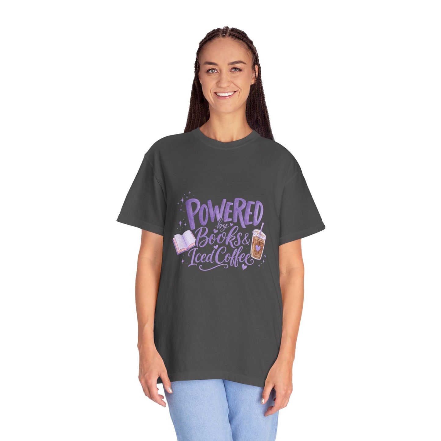 Book Lover T‑Shirt — "Powered by Books & Iced Coffee" Graphic Tee
