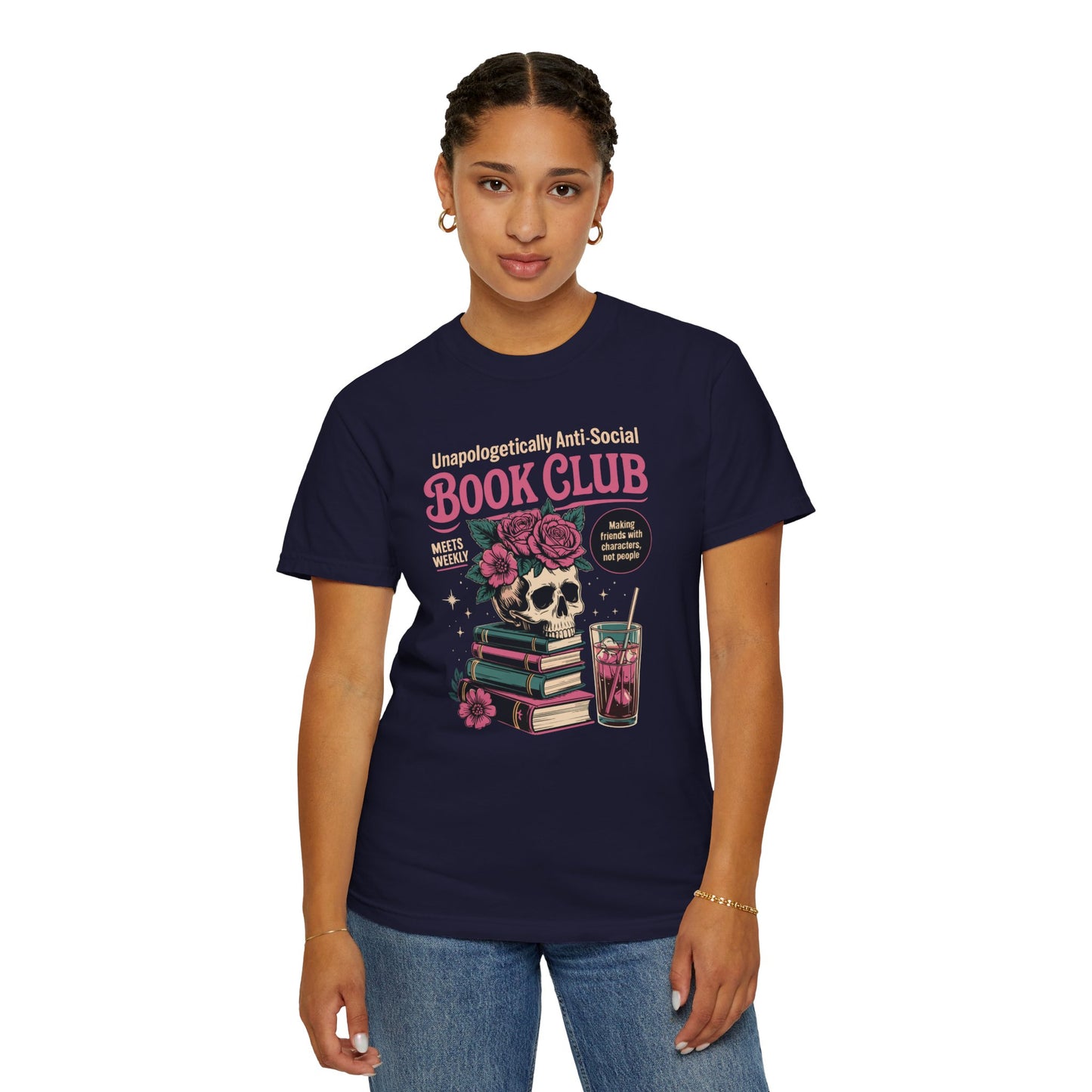 "Unapologetically Anti-Social Book Club" T-Shirt — Skull & Books Graphic Tee for Avid Readers