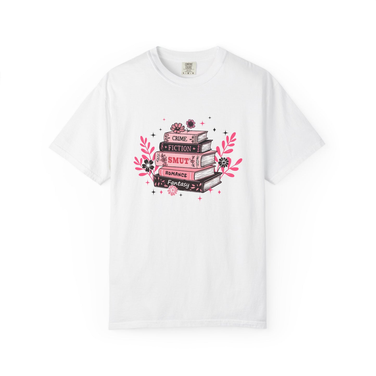 Book Stack Graphic T-Shirt — Cute Floral Reading Shirt (Crime, Fiction, Smut, Romance)