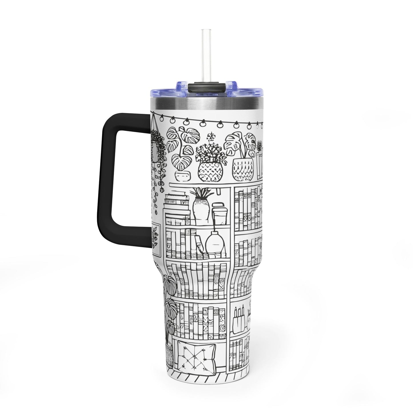 40oz Booklover Vacuum Tumbler – Illustrated Bookshelf Design