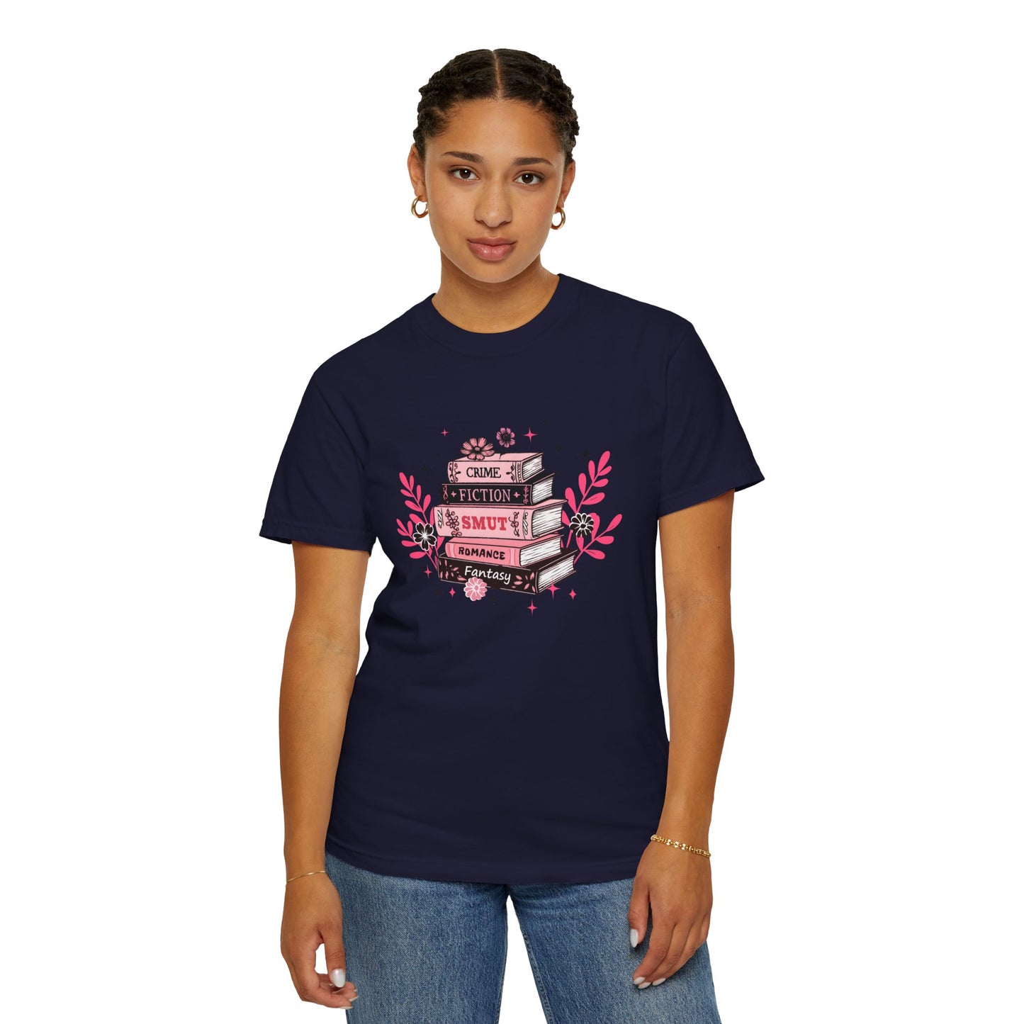 Book Stack Graphic T-Shirt — Cute Floral Reading Shirt (Crime, Fiction, Smut, Romance)