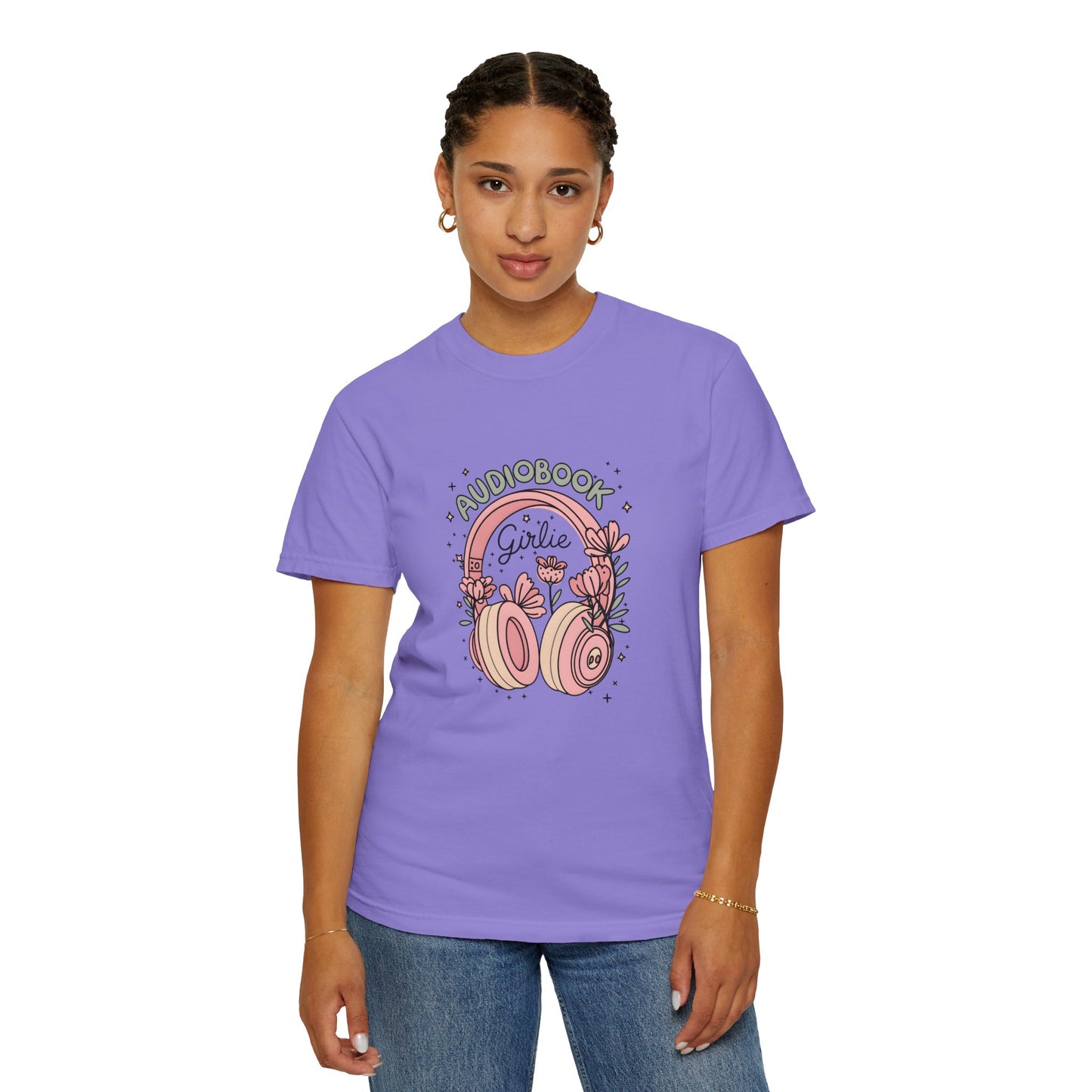 "Audiobook Girlie" T-Shirt — Floral Headphones Graphic Tee