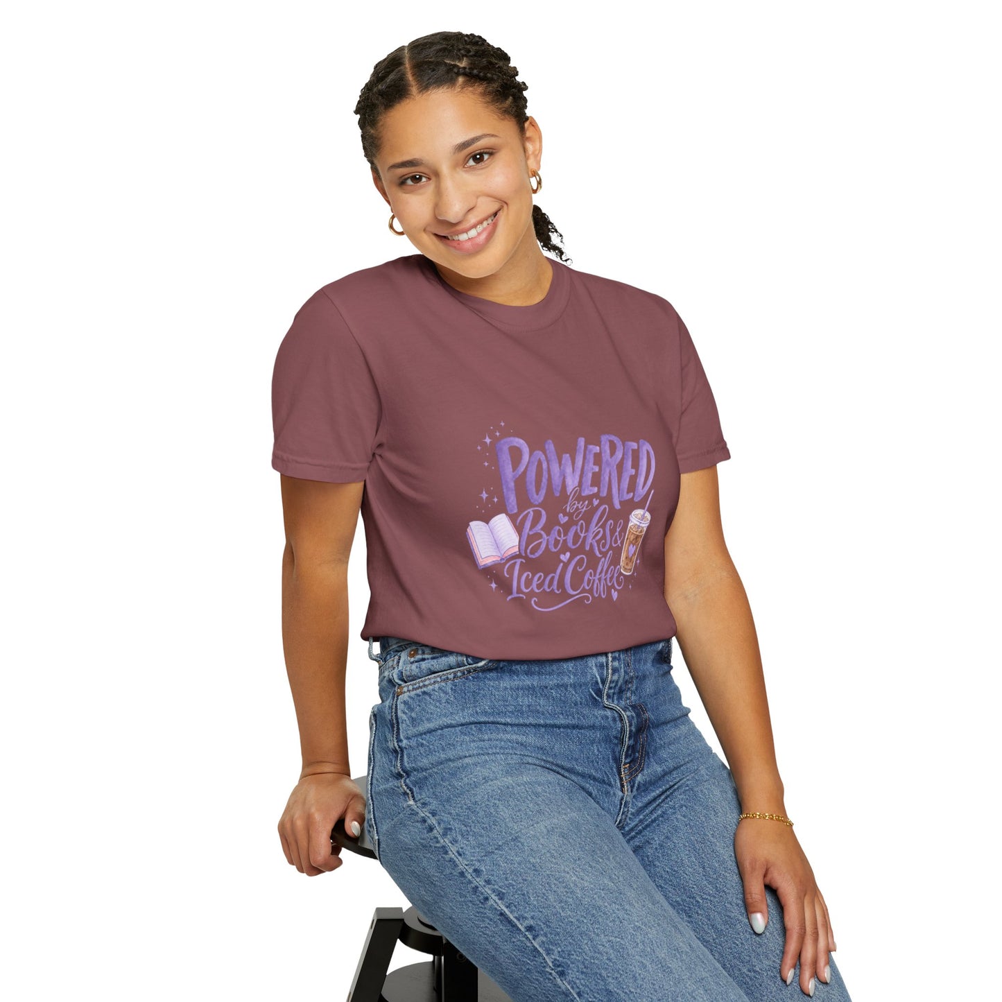 Book Lover T‑Shirt — "Powered by Books & Iced Coffee" Graphic Tee