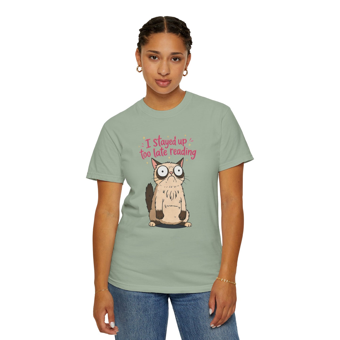 "I Stayed Up Too Late Reading" Cat T-Shirt — Cute Book Lover Graphic Tee