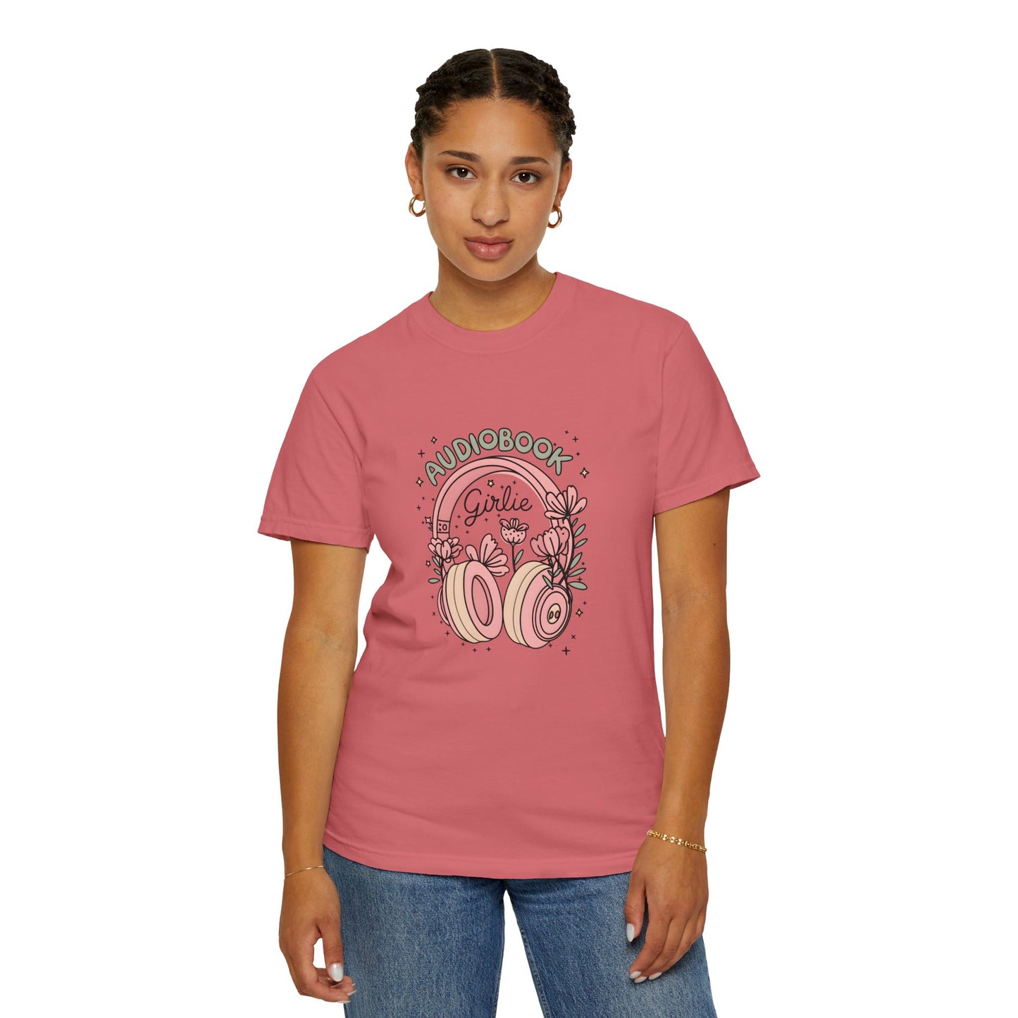 "Audiobook Girlie" T-Shirt — Floral Headphones Graphic Tee