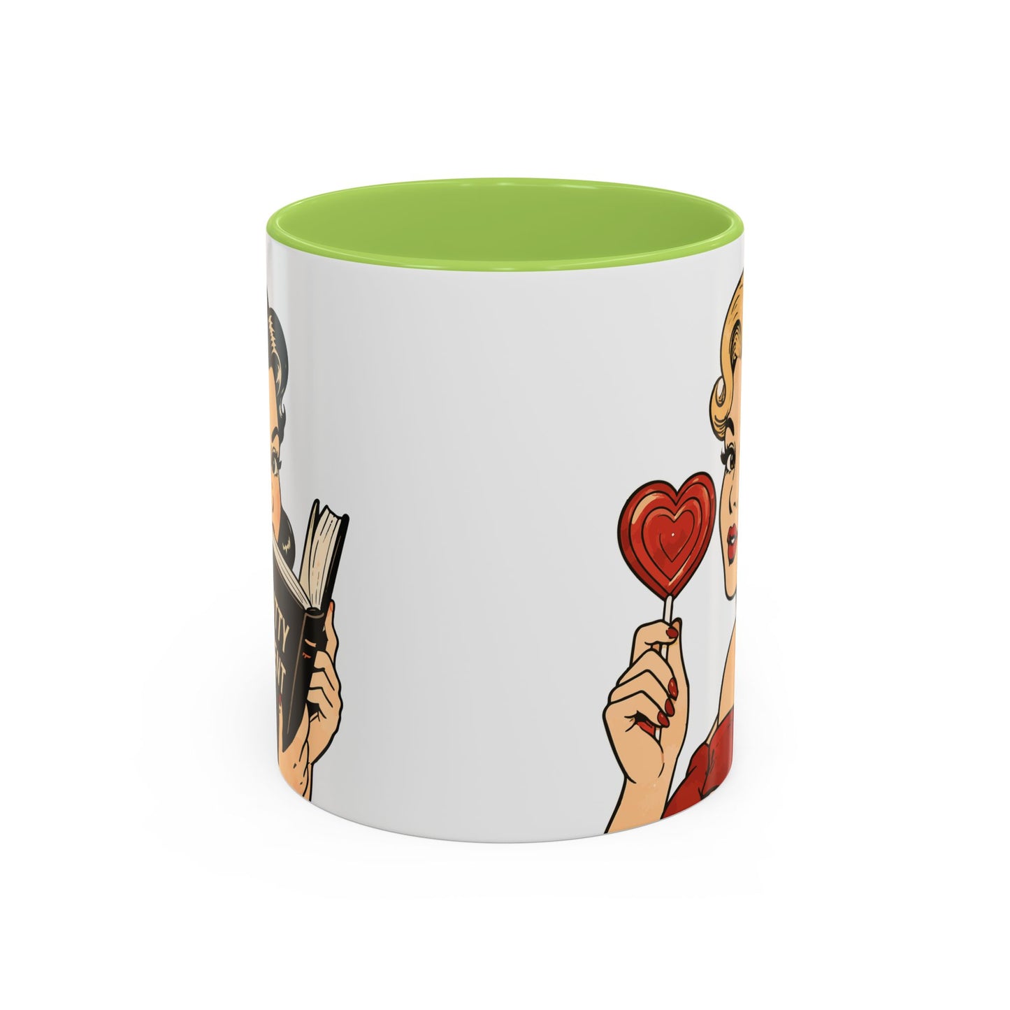Retro Pin-Up Coffee Mug — Vintage Pop Art Woman with Heart Lollipop (11oz)