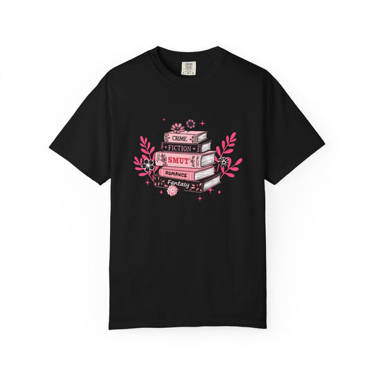 Book Stack Graphic T-Shirt — Cute Floral Reading Shirt (Crime, Fiction, Smut, Romance)