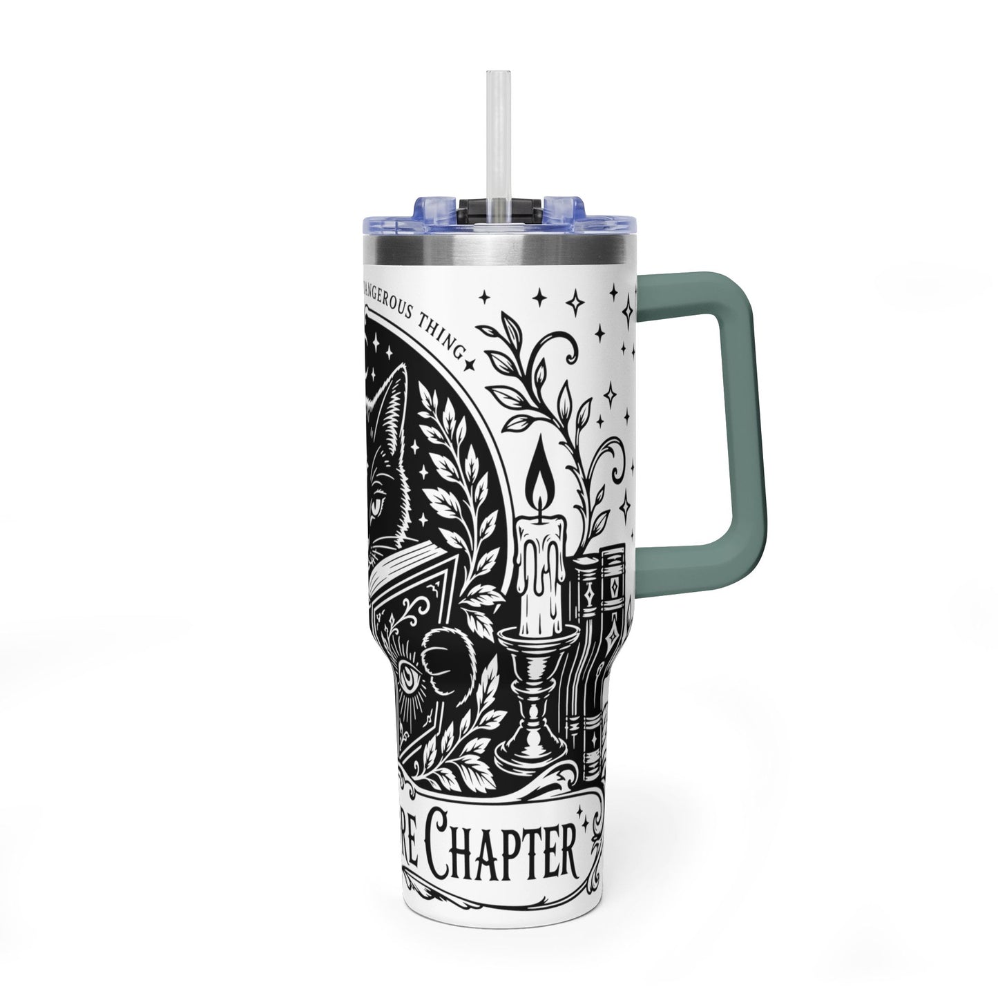 40oz Vacuum Tumbler — Black Cat "Just One More Chapter" Bookish Travel Mug