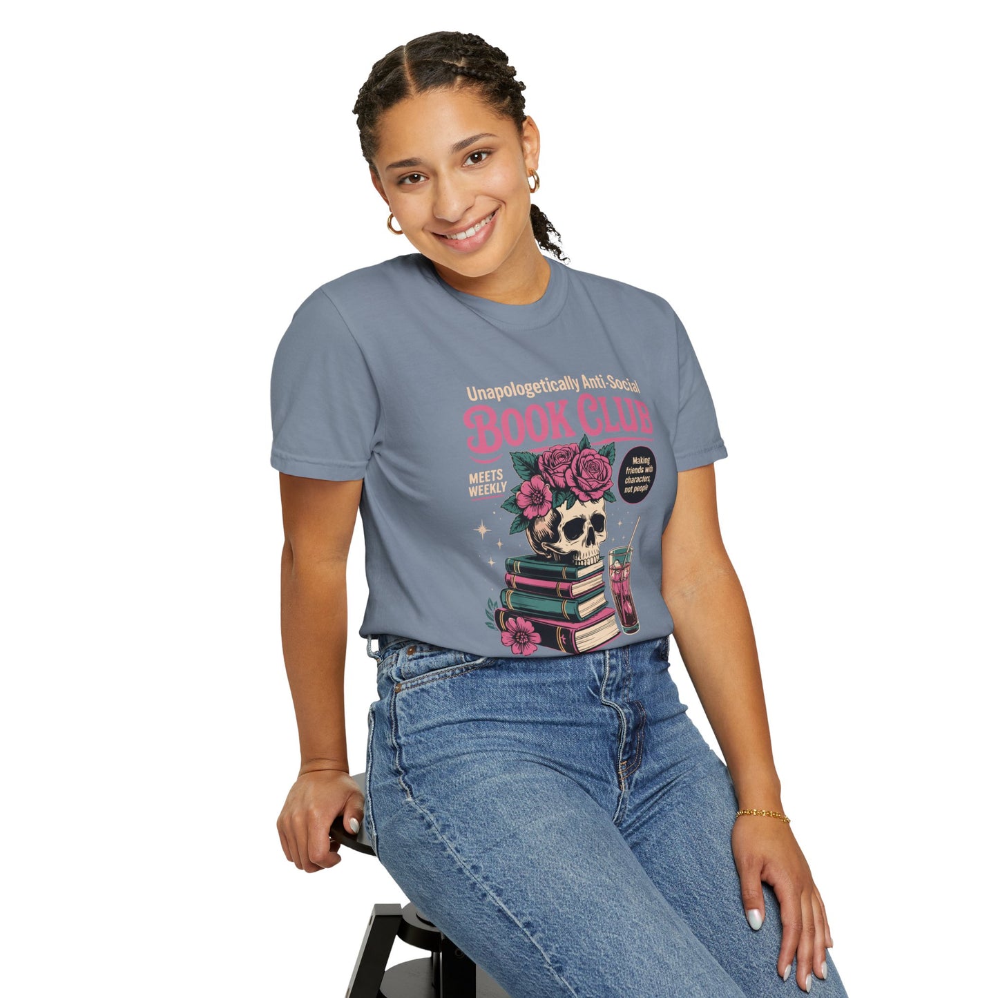 "Unapologetically Anti-Social Book Club" T-Shirt — Skull & Books Graphic Tee for Avid Readers