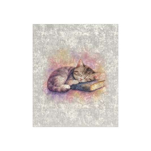 Crushed Velvet Blanket — Cozy Sleeping Cat on Book Plush Throw