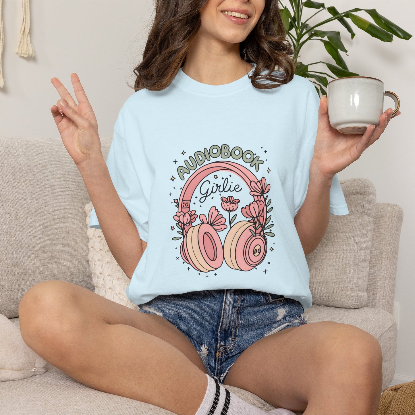 "Audiobook Girlie" T-Shirt — Floral Headphones Graphic Tee