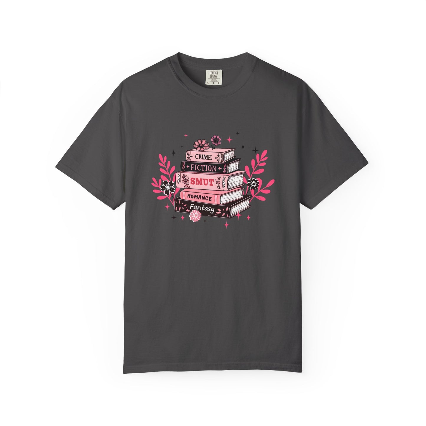 Book Stack Graphic T-Shirt — Cute Floral Reading Shirt (Crime, Fiction, Smut, Romance)