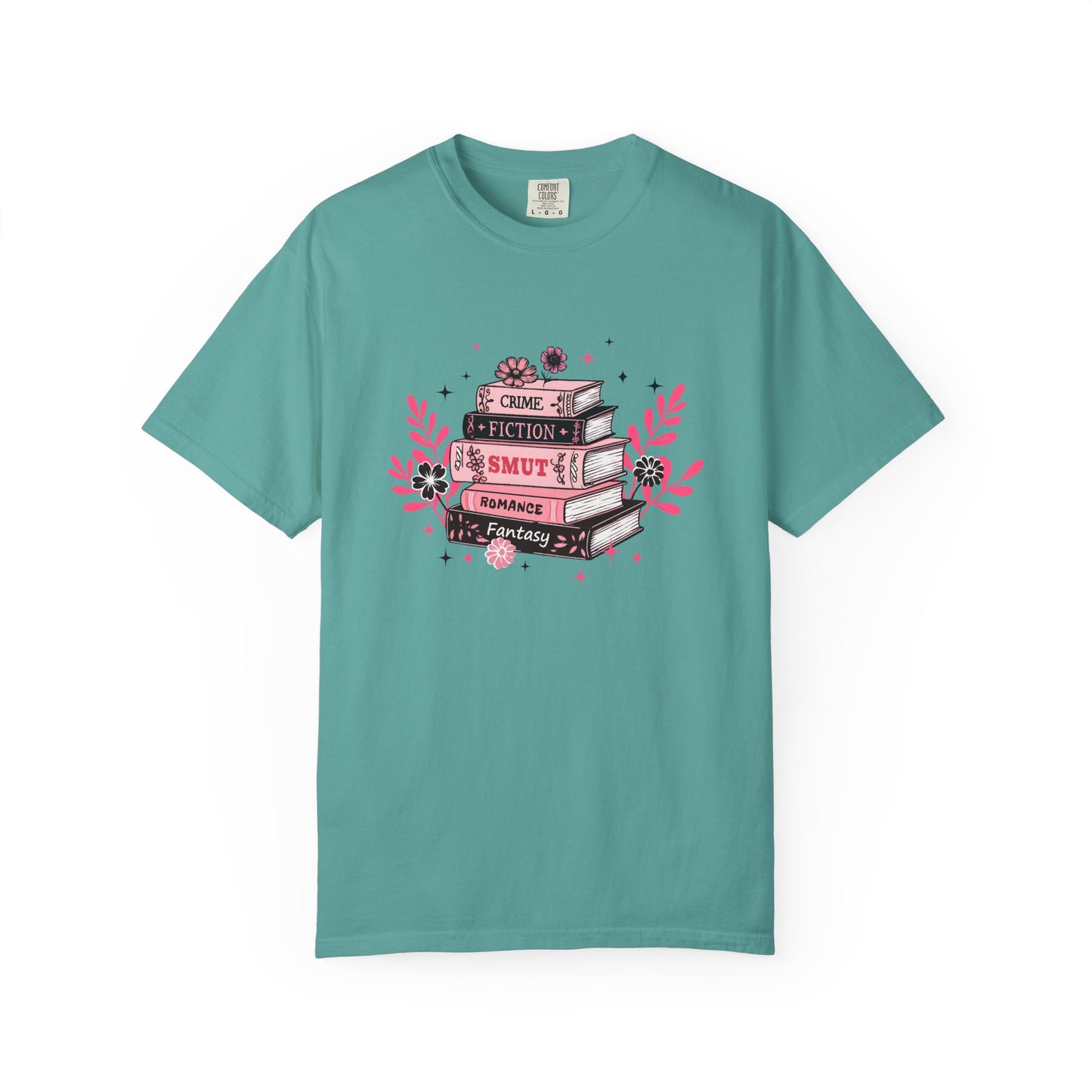 Book Stack Graphic T-Shirt — Cute Floral Reading Shirt (Crime, Fiction, Smut, Romance)