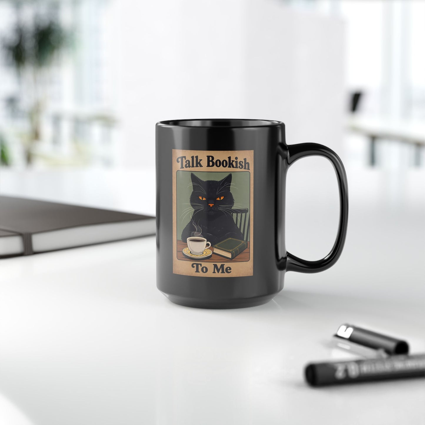 Bookish Cat Coffee Mug — “Talk Bookish To Me” Black Ceramic Mug