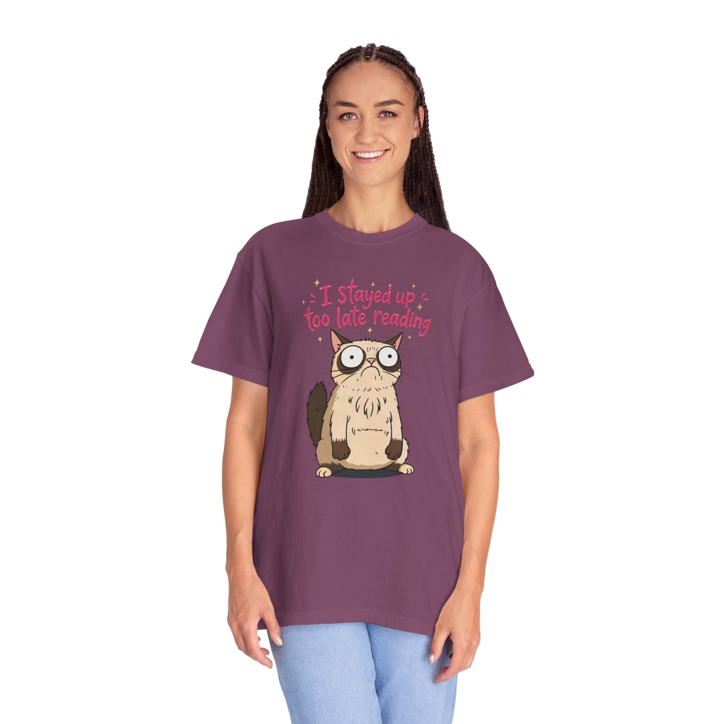 "I Stayed Up Too Late Reading" Cat T-Shirt — Cute Book Lover Graphic Tee