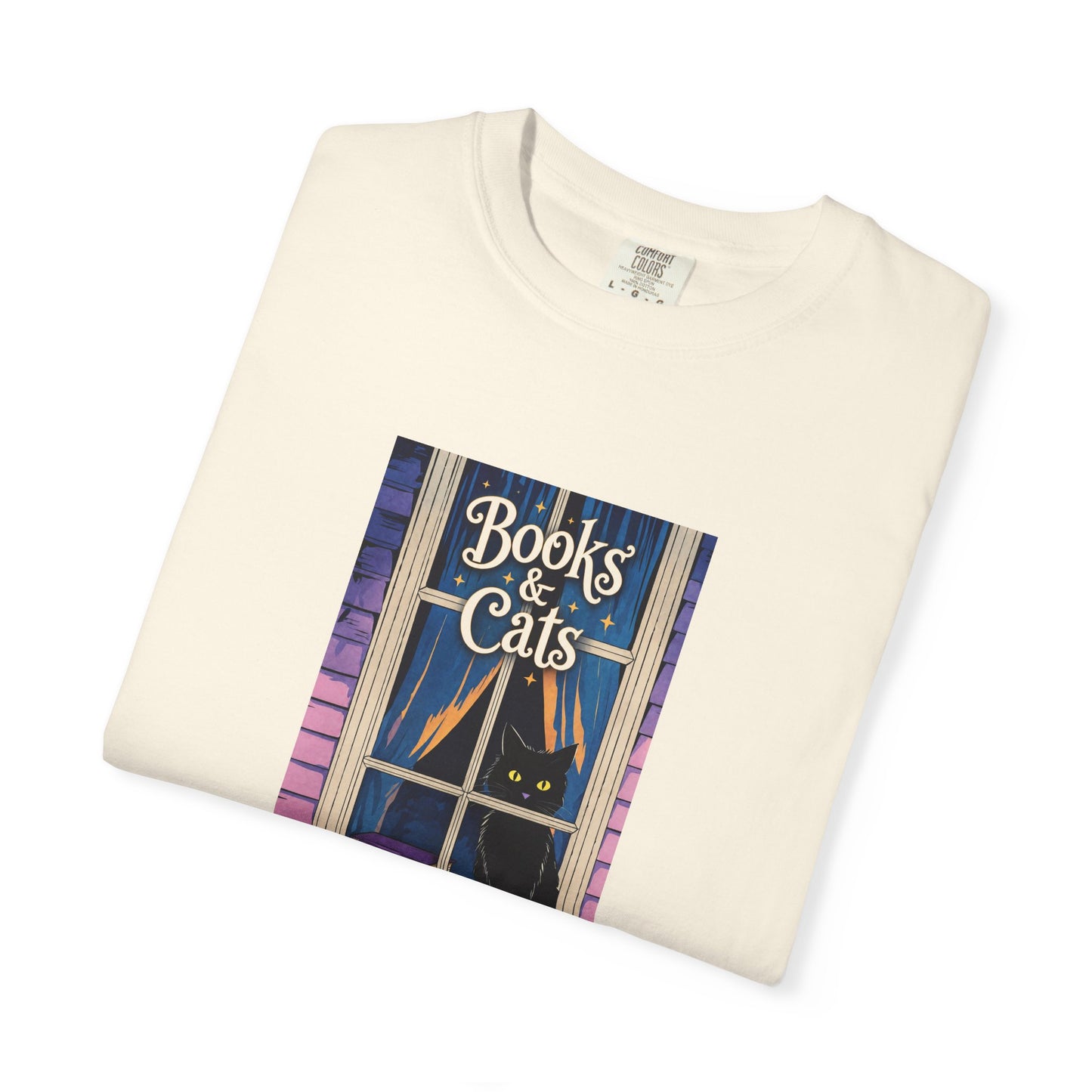 "Books & Cats" T-Shirt — Cozy Bookshop Window Graphic Tee