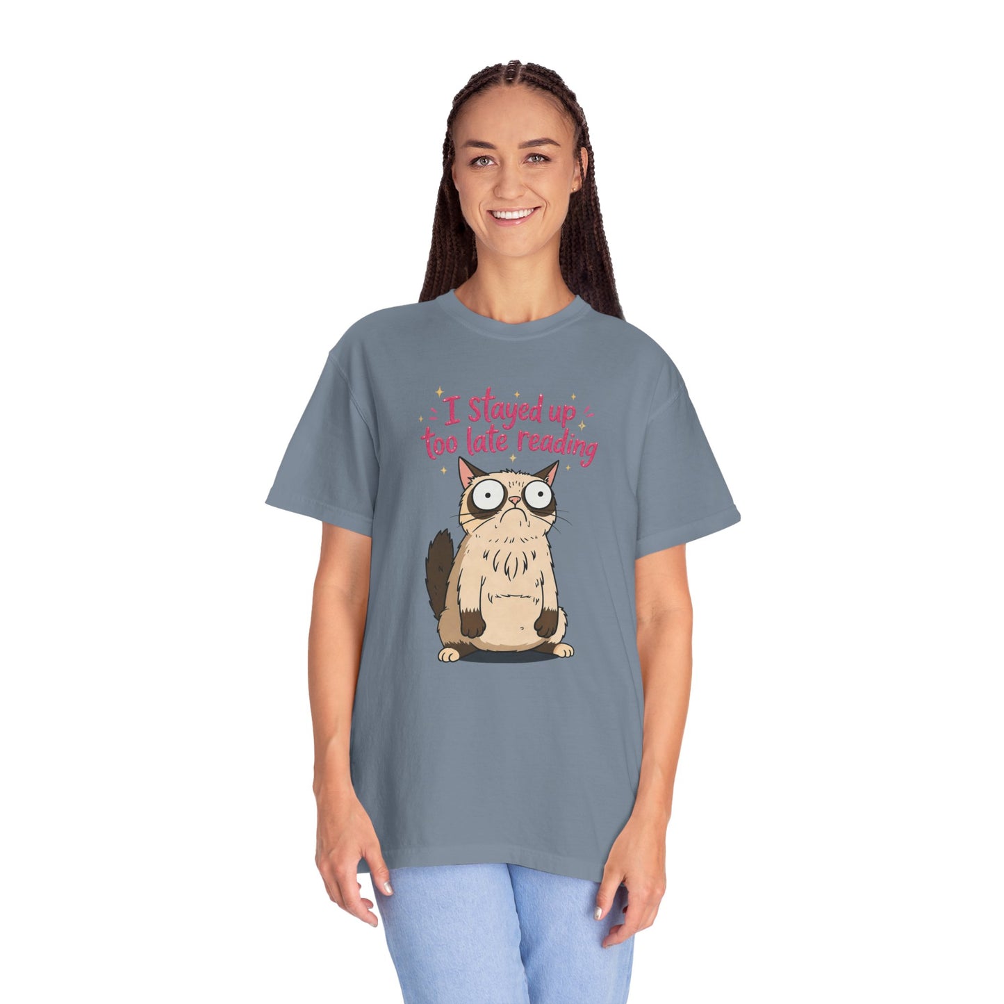 "I Stayed Up Too Late Reading" Cat T-Shirt — Cute Book Lover Graphic Tee