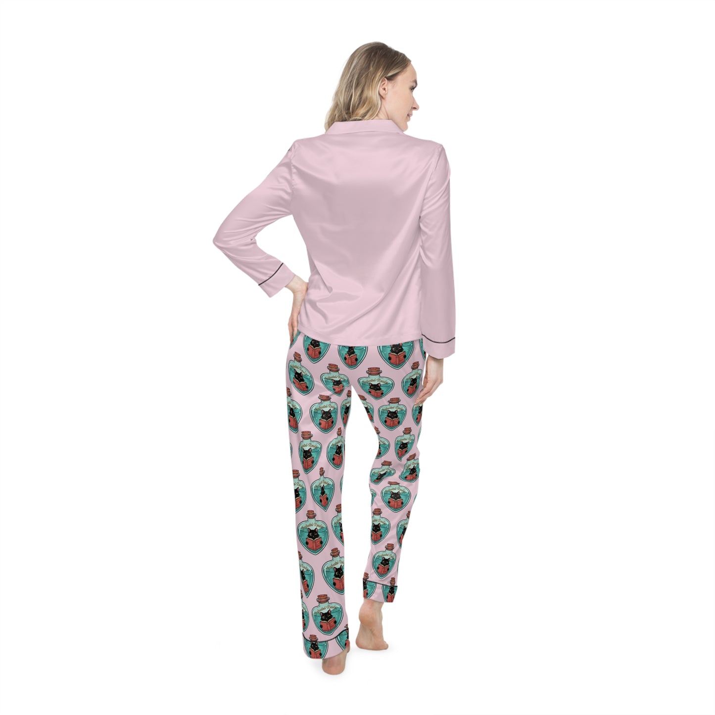 Women's Satin Pajama Set — Pink Sleep Top with Custom All-Over Patterned Pants (Cute Face Print)