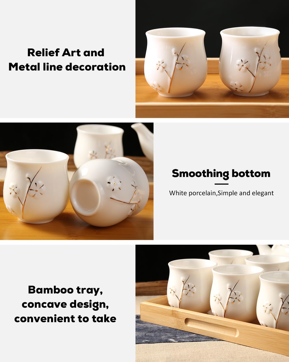 Service à Thé Japonais Dujust, Service à Thé en Porcelaine Noire avec 1 Théière, 6 Tasses à Thé, 1 Plateau de Service, 1 Infuseur en Acier Inoxydable, Magnifique Service à Thé Asiatique pour les Amateurs de Thé/Femmes/Hommes (Campagne Dorée)