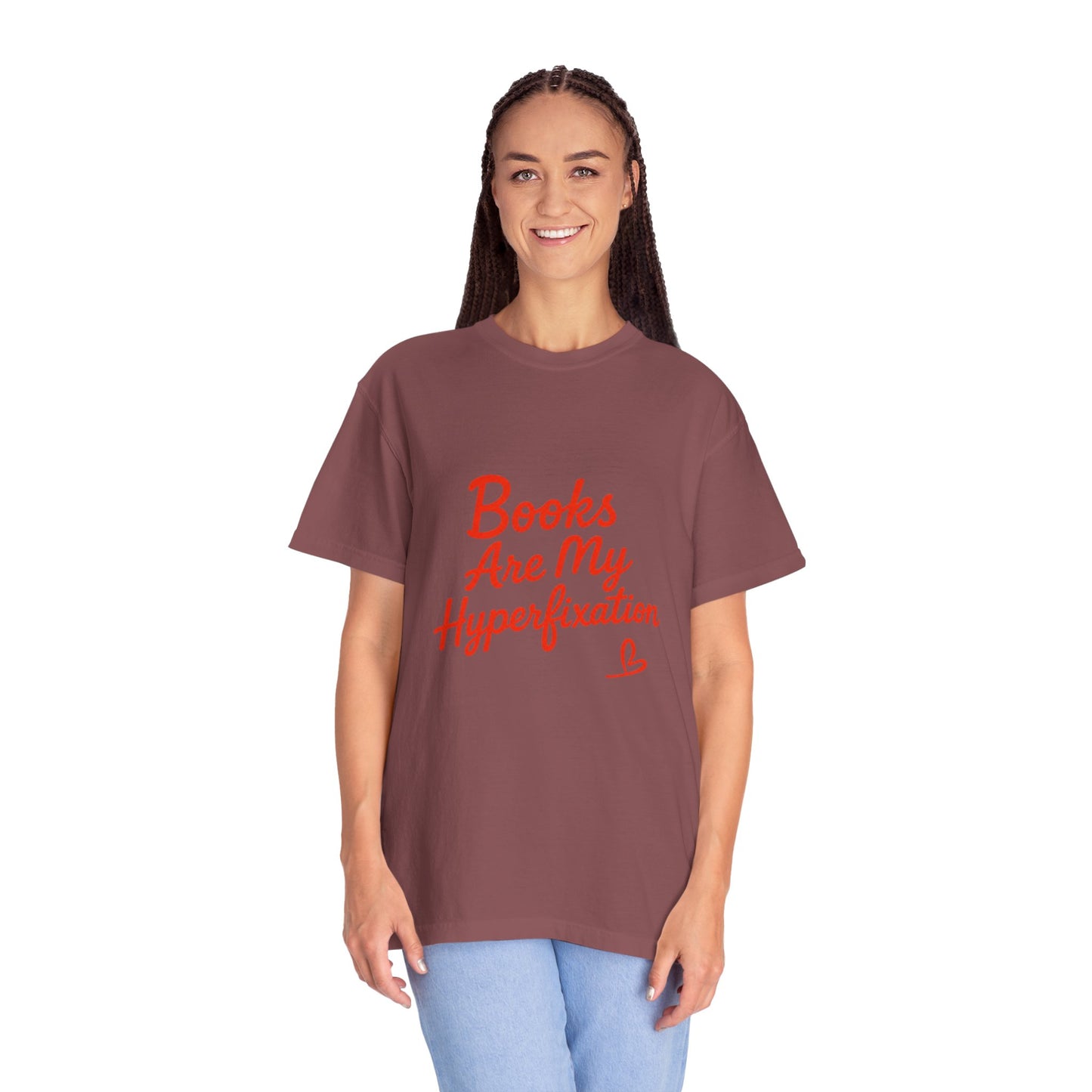 Books Are My Hyperfixation T-Shirt — Cute Red Script Reading Tee for Book Lovers