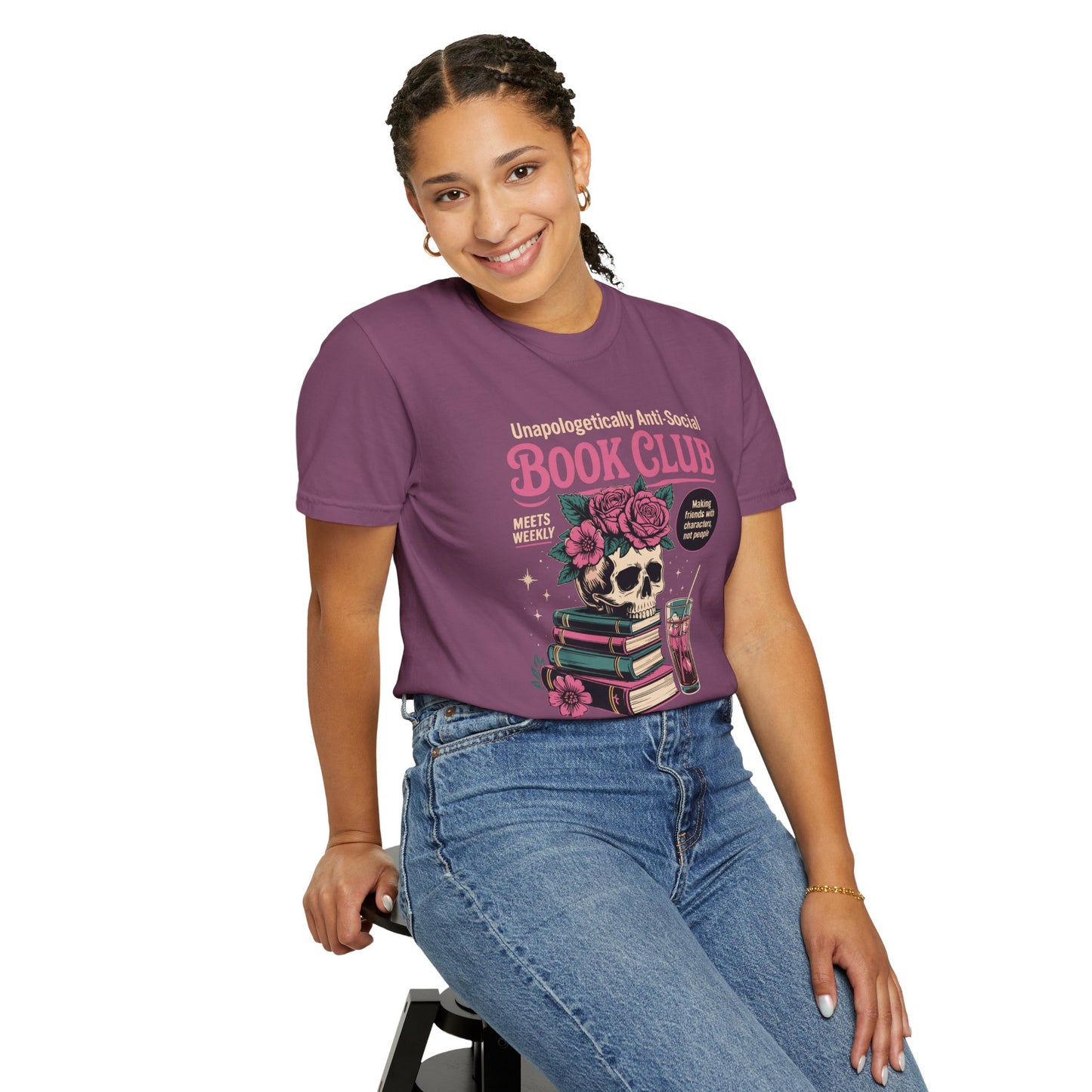 "Unapologetically Anti-Social Book Club" T-Shirt — Skull & Books Graphic Tee for Avid Readers