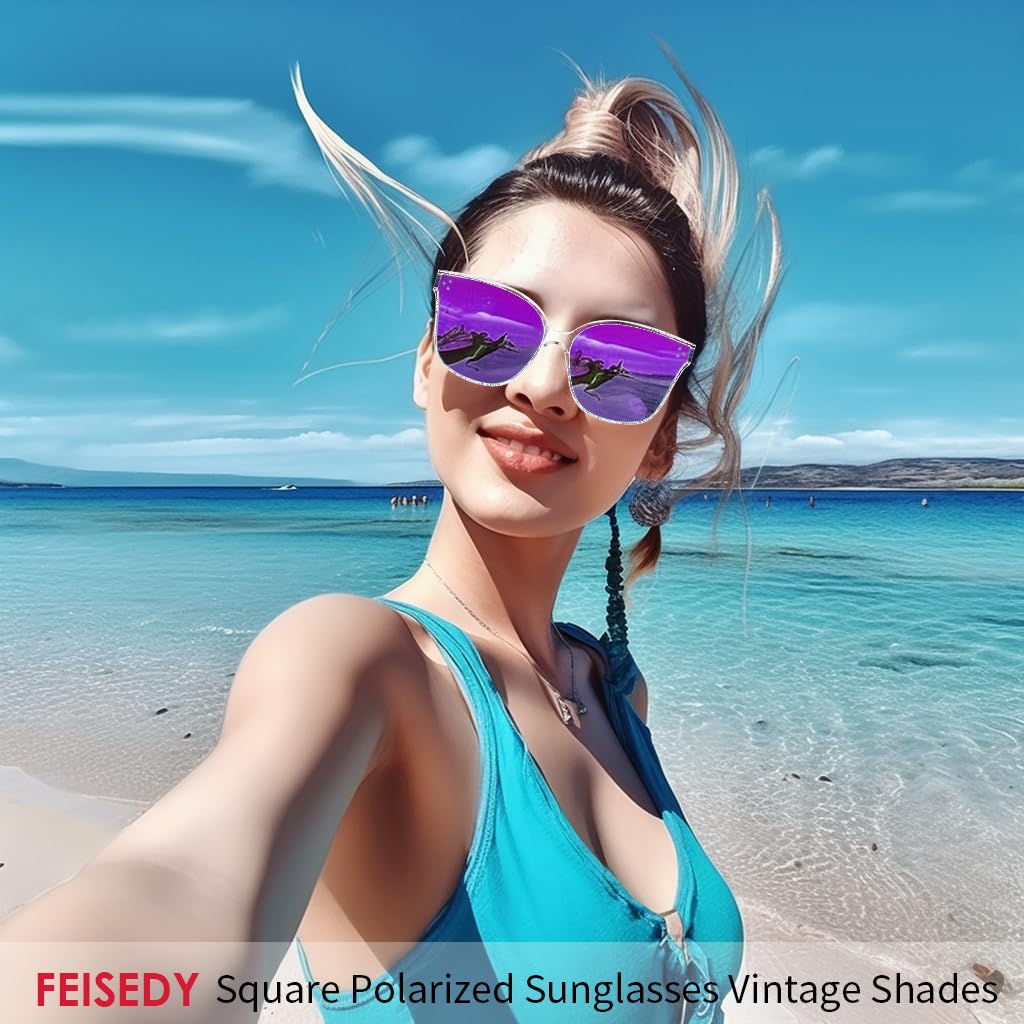 FEISEDY Lunettes de soleil polarisées carrées surdimensionnées rétro pour femmes et hommes, style minimaliste B2600