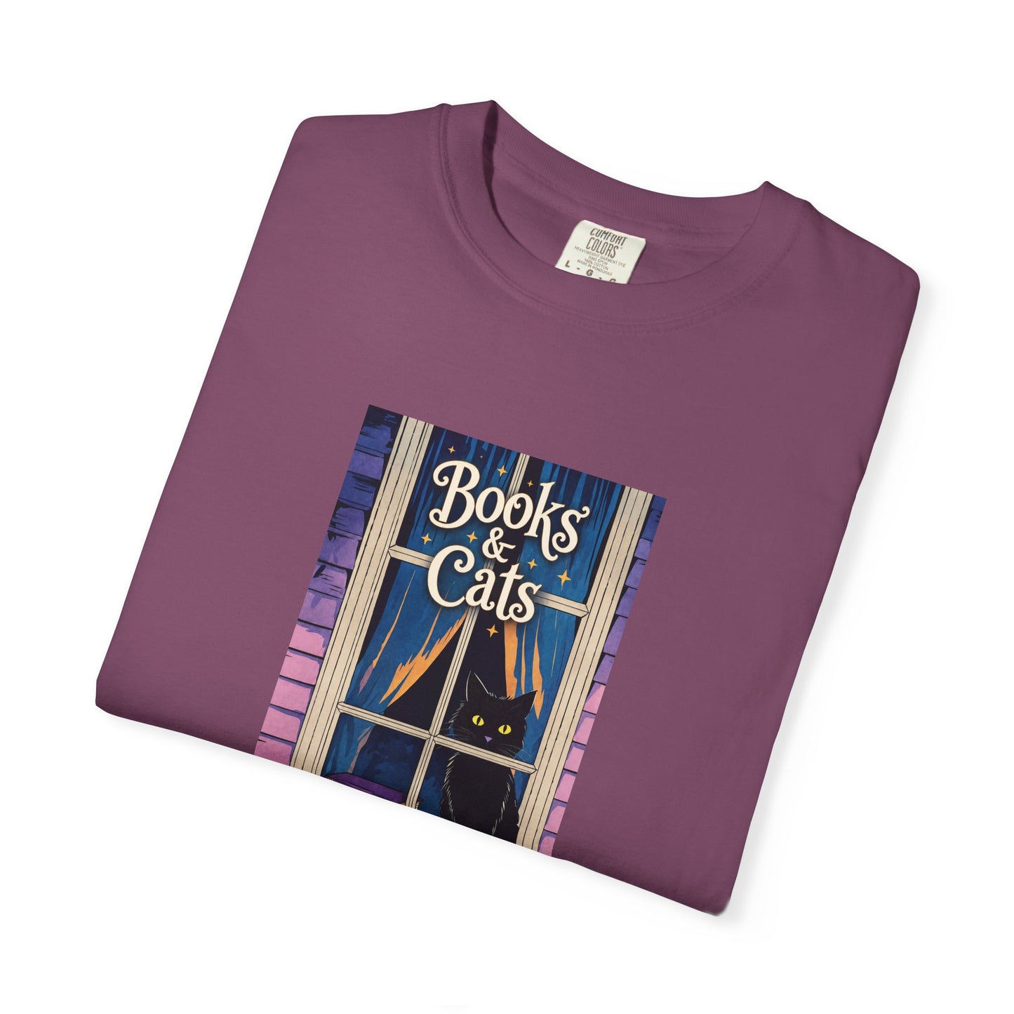 "Books & Cats" T-Shirt — Cozy Bookshop Window Graphic Tee