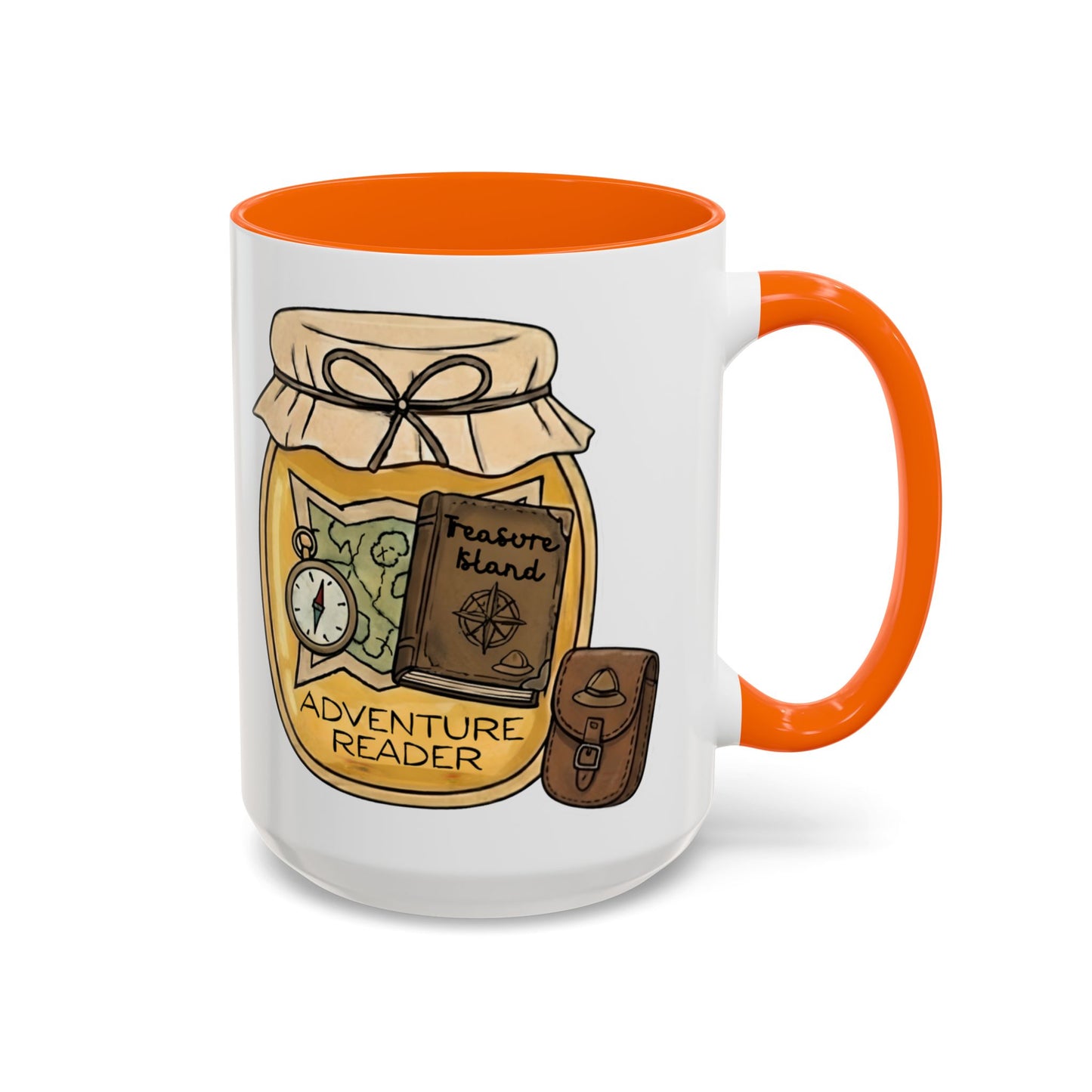 "Adventure Reader" Accent Coffee Mug — Bookish Travel Compass & Treasure Jam Jar Design