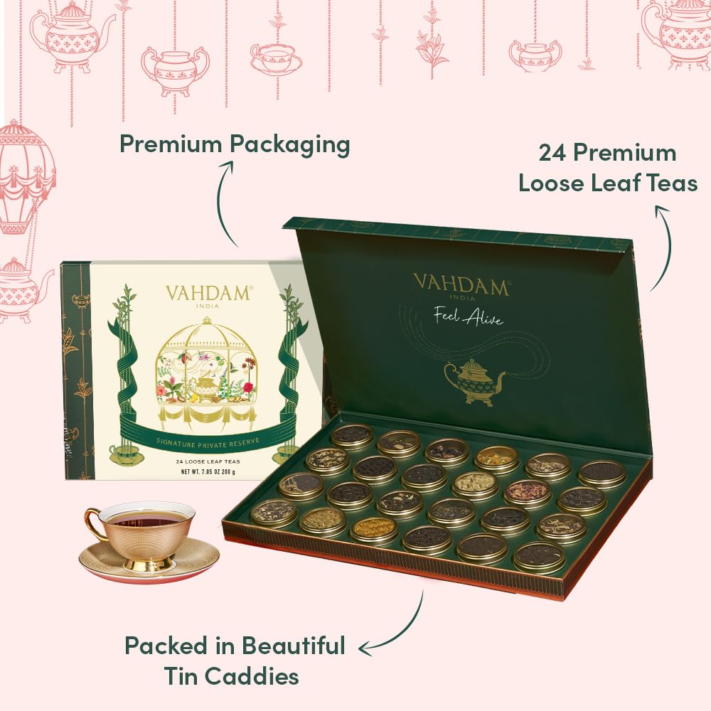 VAHDAM – Tea Gift Set – 24 Loose Leaf Teas – Luxury Tin Caddies - Canadian Distribution - Ships Free Within Canada on Orders Above CAD $199