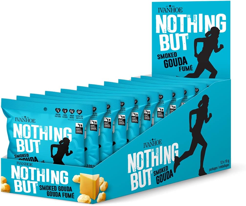 Ivanhoe Nothing But Cheese 100% Canadian Puffed High Protein Cheese Snacks, Smoked Gouda, (12x18g bags)